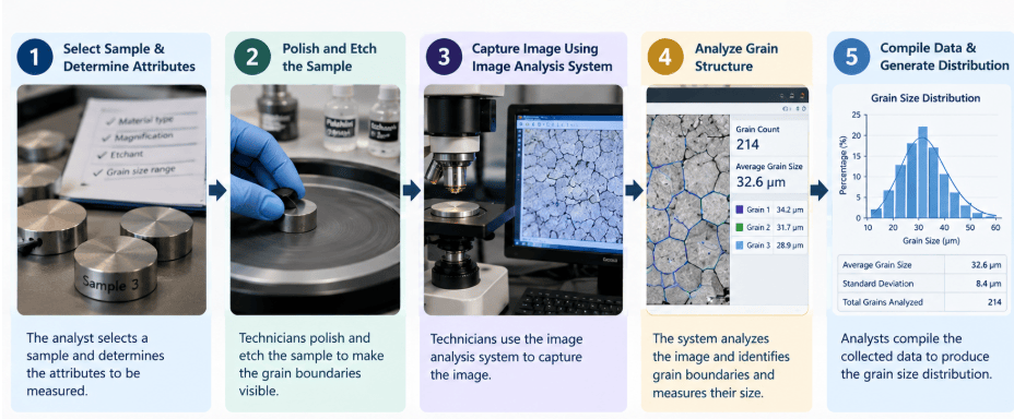 The image shows metal grain boundaries that analysts evaluate to determine average grain size according to ASTM E1382.