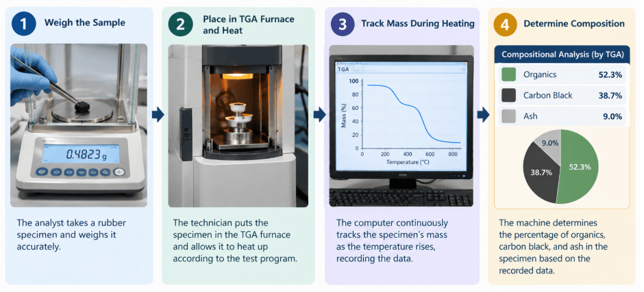  The image shows thermogravimetric analyzer records mass loss of a rubber specimen as temperature rises during compositional testing as per ASTM D6370