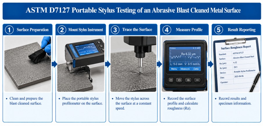  The image shows a portable stylus profilometer tracing the surface profile of an abrasive blast-cleaned steel surface for roughness measurement.