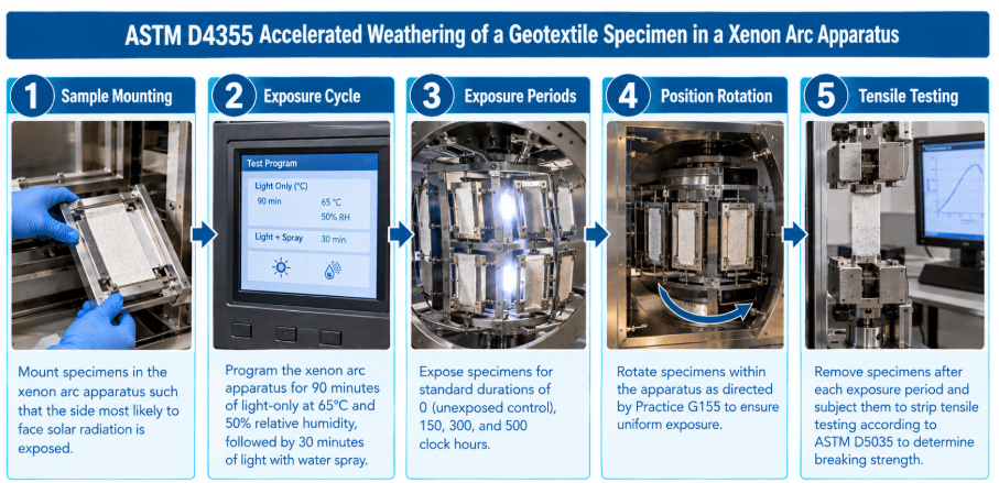  A geotextile specimen is being placed in a xenon arc weathering device for accelerated UV degradation testing according to ASTM D4355.
