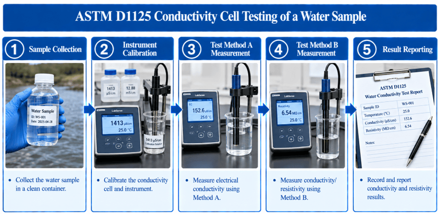  The image shows a conductivity cell measuring the electrical conductivity and resistivity of a water sample.