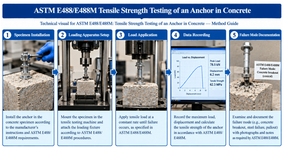 The image shows an anchor specimen mounted in a loading apparatus for tensile strength testing in concrete as per ASTM E488.