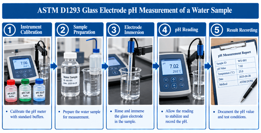 The image shows a glass electrode pH meter measuring a water sample as per ASTM D1293