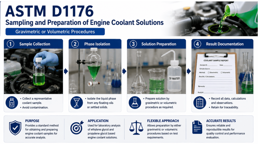  The image shows engine coolant sampling and solution preparation by gravimetric or volumetric procedures, including sample collection, phase isolation, solution preparation, and result documentation.
