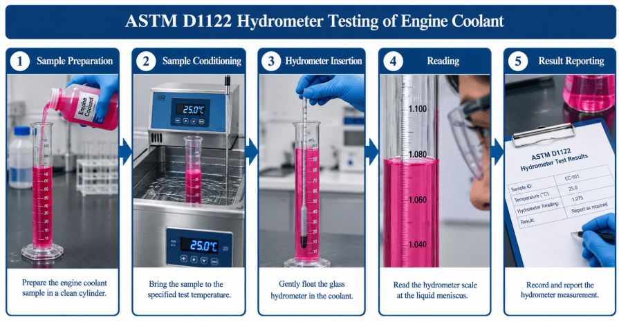  The image depicts a laboratory technician reading a glass hydrometer floated in a temperature-controlled cylinder of engine coolant per ASTM D1122.