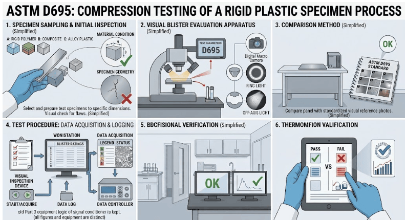 The image shows a rigid plastic specimen positioned between compression platens of a universal testing machine during ASTM D695 compressive property testing.