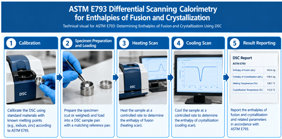The image shows a differential scanning calorimeter (DSC) being used to determine the enthalpies of fusion and crystallization of a material specimen according to ASTM E793.