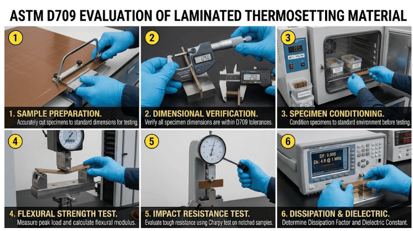 The image shows laminated thermosetting material specimens prepared for dimensional, mechanical, and electrical property evaluation according to ASTM D709 requirements.