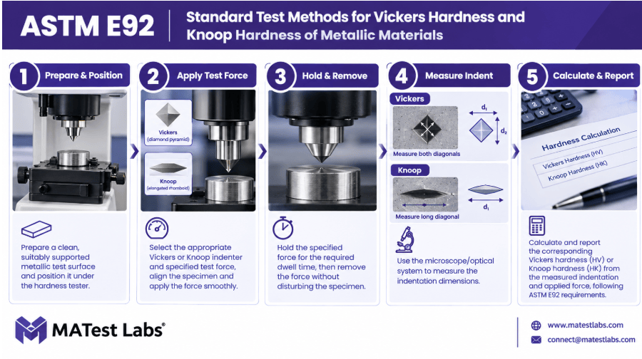The image shows a Vickers and Knoop hardness testing machine, a diamond indenter, and a specimen for hardness testing per ASTM E92.