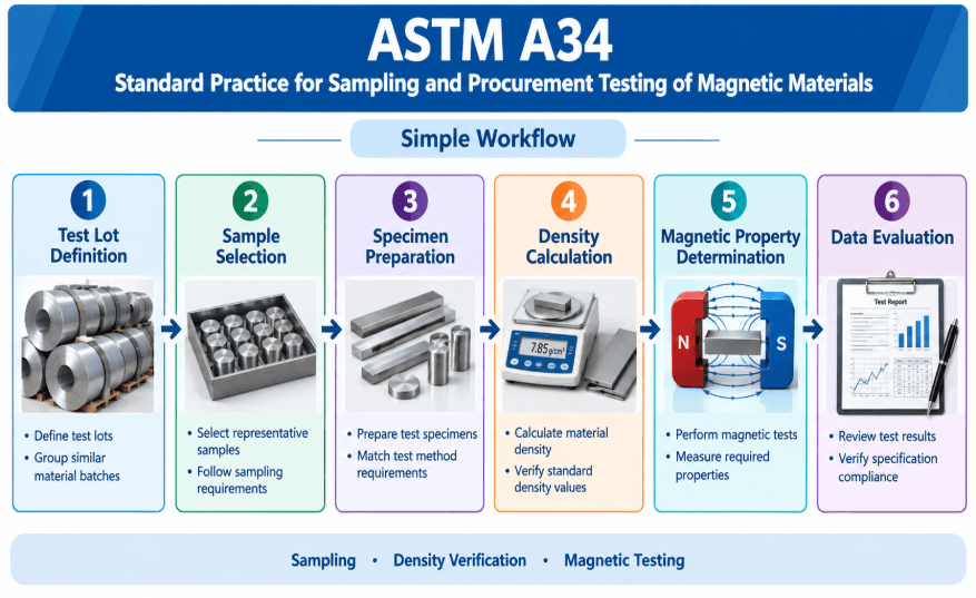  The image shows the process of sampling and specimen preparation for procurement testing of magnetic materials to ASTM A34.