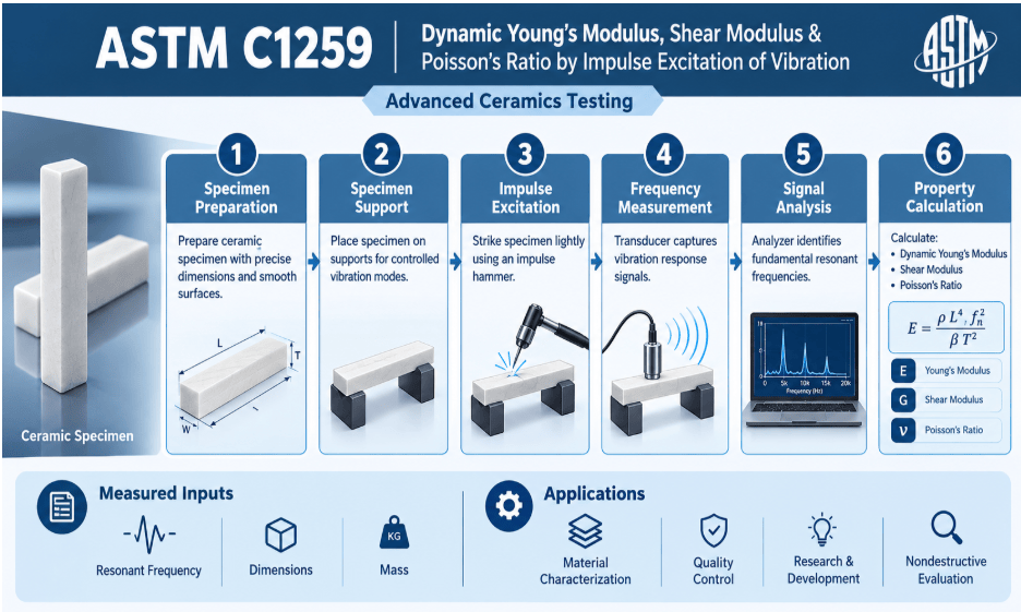 The image shows an impulse excitation testing system, an advanced ceramic specimen mounted on supports, an impulse tool, and a transducer for measuring dynamic elastic properties as per ASTM C1259.