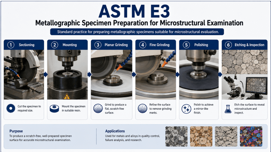 The image shows metallographic specimen preparation: sectioning, Mounting, Planar Grinding, Fine Grinding, Polishing, Etching & Inspection. 