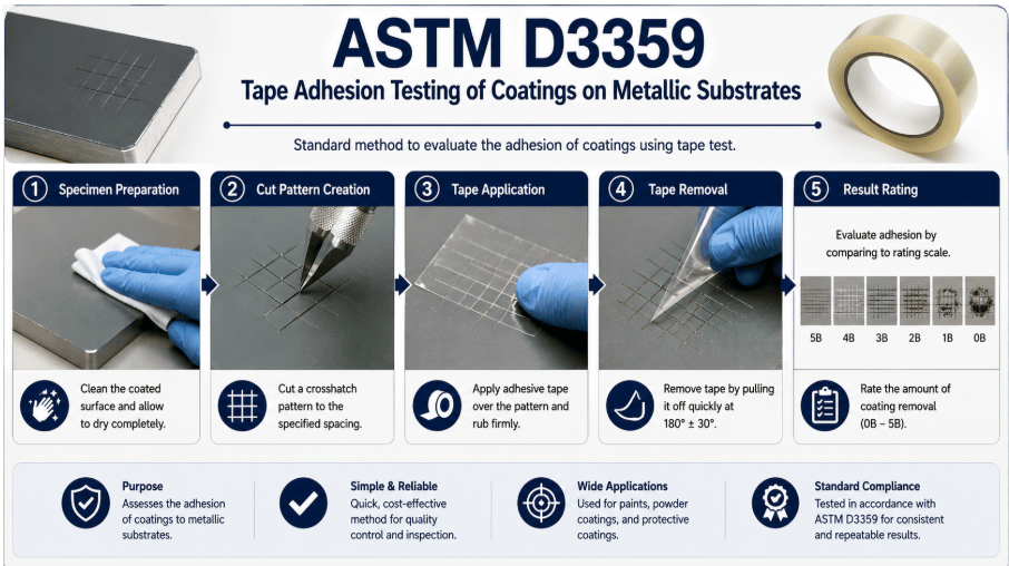The image shows coating adhesion testing by tape test, including specimen preparation, cut pattern creation, tape application, tape removal, and result rating.