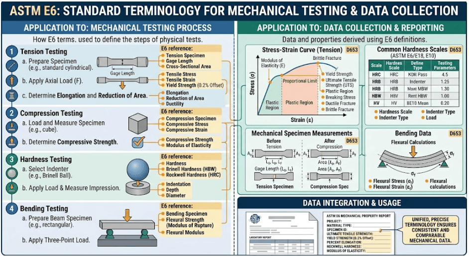  Engineers reviewing standardized mechanical testing terminology used for material testing, analysis, and technical reporting.