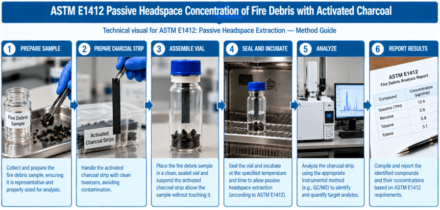  The image shows an activated charcoal strip suspended above a sealed fire debris sample for passive headspace extraction as per ASTM E1412