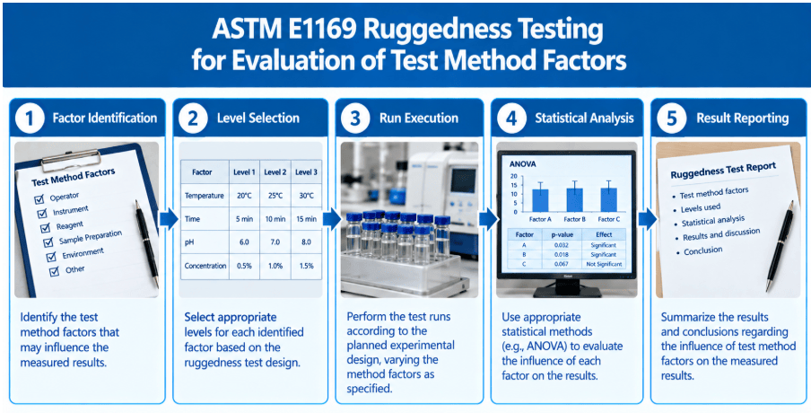  The image shows a statistically designed ruggedness test to evaluate the influence of test method factors on measured results according to ASTM E1169