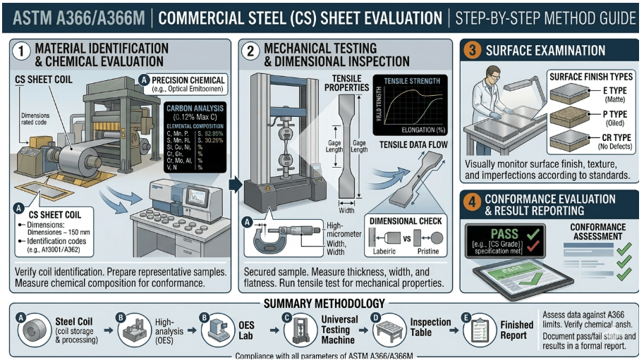  This image depicts a universal testing machine used to determine the strength of steel as per ASTM A366.