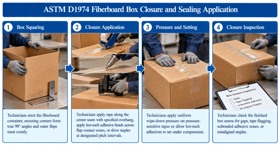 Sealed corrugated fiberboard box displaying center seam pressure-sensitive tape closure according to ASTM D1974 standards