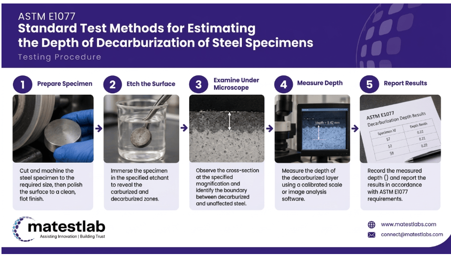  Polished and etched cross-section of steel bar examined under a metallographic microscope showing decarburization depth measurement according to ASTM E1077.