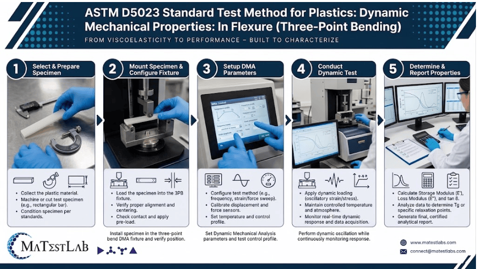 Rectangular plastic specimen positioned between two supports with a central loading nose during ASTM D5023 dynamic mechanical testing.