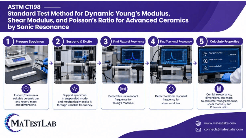 The image shows an advanced ceramic specimen suspended in a sonic resonance testing system with transducers measuring flexural and torsional vibration frequencies.