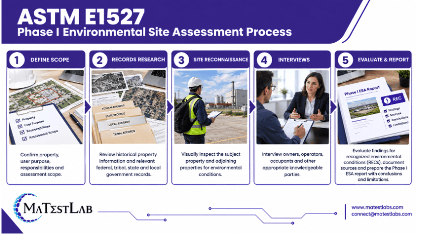  The image shows an environmental professional conducting a Phase I Environmental Site Assessment through property inspection, records review, and documentation of environmental conditions.