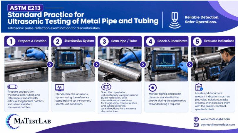 The image shows a technician performing ultrasonic pulse-echo testing of metal tubing with a reference standard, transducer, couplant, and scanning system.