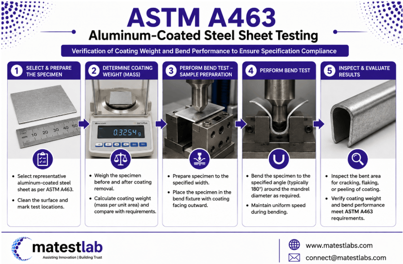  The image shows ASTM A463 aluminum-coated steel sheet undergoing coating weight and bend testing to verify specification compliance.