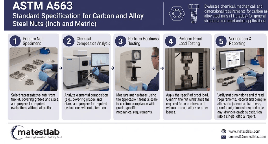  The image shows carbon and alloy steel nuts undergoing hardness and proof load testing under ASTM A563.