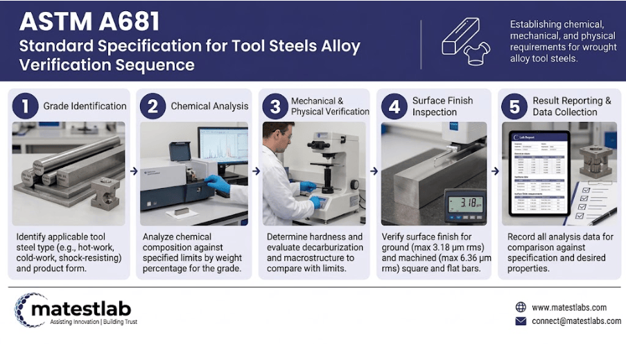 The image shows the ASTM A681 sequence, from tool steel grade identification through chemical analysis, mechanical verification, and surface finish inspection.