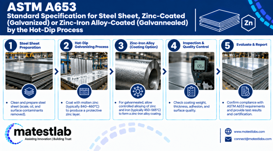 The image shows a coated steel sheet sample undergoing coating-weight and tensile testing under ASTM A653.