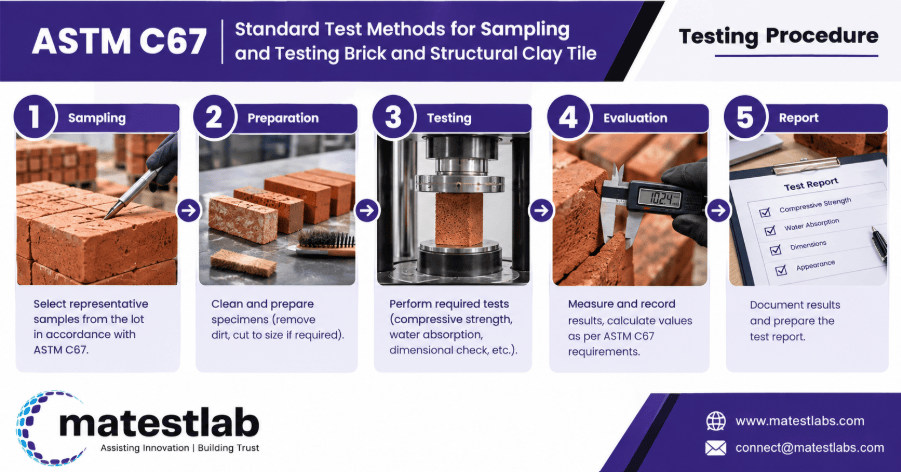 The image depicts a brick specimen undergoing compressive strength testing on a universal testing machine as per ASTM C67.