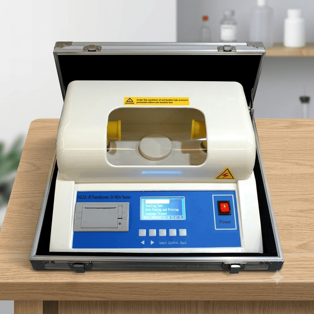  The image shows a breakdown voltage (BDV) tester equipped with a specialized liquid sample cup and flat, disk-shaped electrodes to measure the dielectric strength of insulating oils as described in ASTM D877.