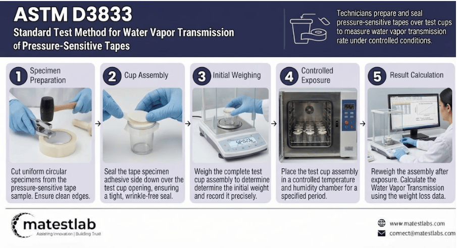  The image displays the ASTM D3833 sequence from sealing a tape specimen over a test cup through controlled exposure, periodic weighing, and water vapor transmission measurement.