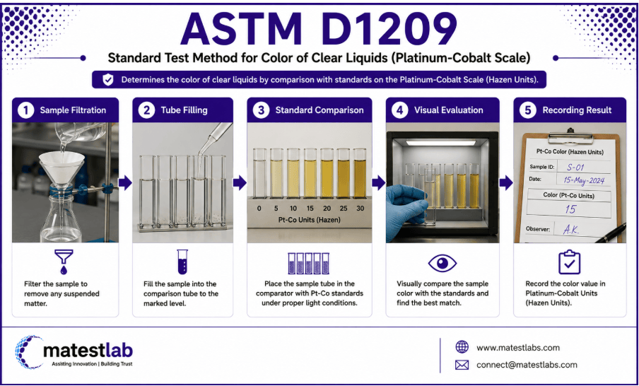 The image shows ASTM D1209 clear liquid being visually compared against platinum-cobalt color standards to determine the color value.