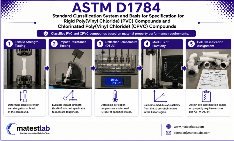 The image shows ASTM D1784 rigid PVC compound undergoing tensile testing to verify tensile strength and modulus of elasticity requirements.