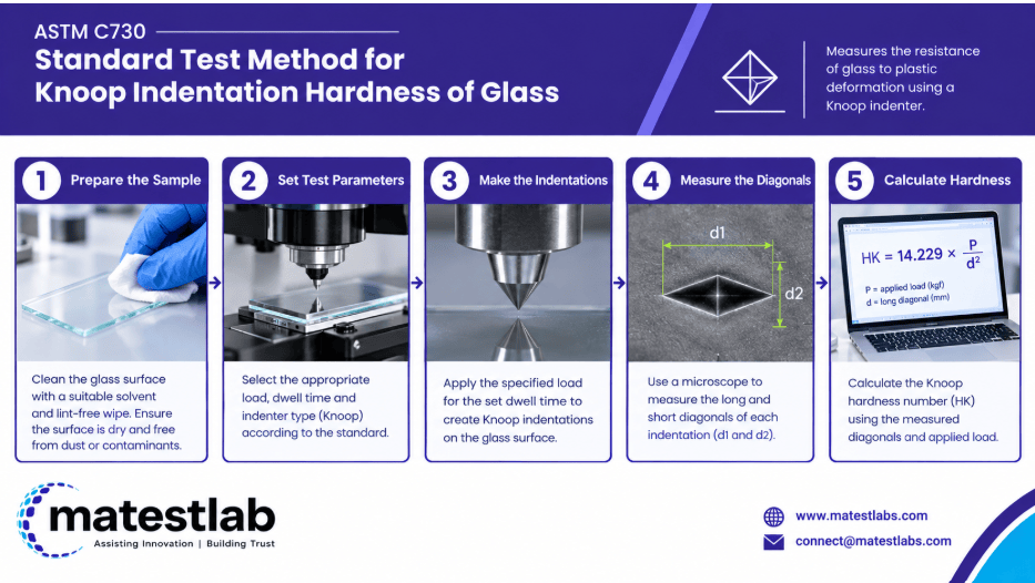  The image shows a Knoop microhardness testing machine equipped with a diamond indenter and optical measurement system, used to test glass hardness per ASTM C730.