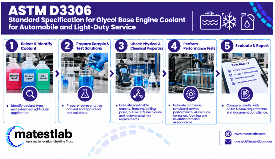 The image shows glycol base engine coolant samples tested for freezing point, boiling point, and corrosion protection according to ASTM D3306.