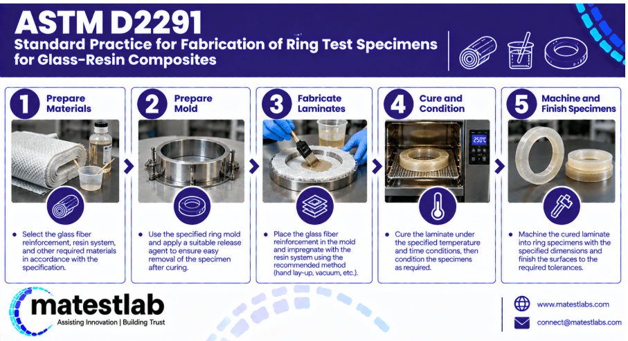  The image depicts a glass fiber and resin ring specimen being fabricated on a mandrel per ASTM D2291.