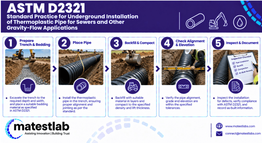 The image shows a trench with thermoplastic pipe bedding and backfill compaction performed under ASTM D2321.