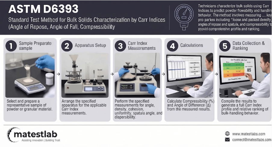 A step sequence diagram shows an ASTM D6393 bulk solid sample moving from preparation, through the eight measured Carr Index tests, to the two calculated values and compiled result reporting.