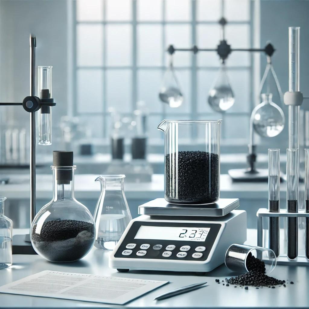 The image shows the activated charcoal being weighed using an analytical balance for iodine number determination per ASTM D4607.