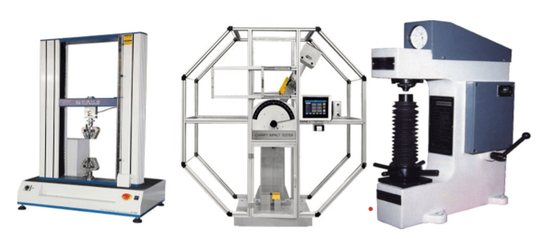 The image shows a mechanical testing apparatus comprising a tensile testing machine, an impact testing device, a hardness testing system, and an ultrasonic nondestructive testing system.