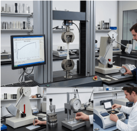 The image shows plastic material testing equipment used for tensile, impact, hardness, density, and thermal analysis.