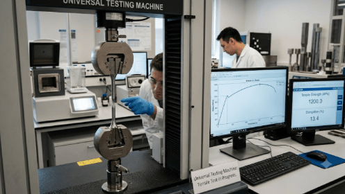 The image shows a universal tensile testing machine measuring the strength and elongation of a material specimen.