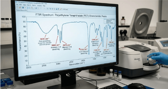 The image shows a Fourier transform infrared spectrum displaying absorption peaks for material identification.