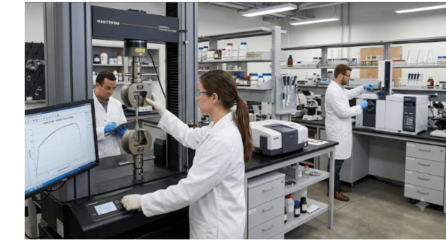The image shows engineers using advanced laboratory equipment to evaluate material properties and performance.