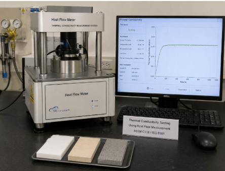 The image shows a heat-flow measurement system measuring the thermal conductivity of materials in W/(m·K).
