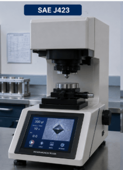 The image shows a microhardness tester used to measure the effective and total case depth of case-hardened steel components according to SAE J423.