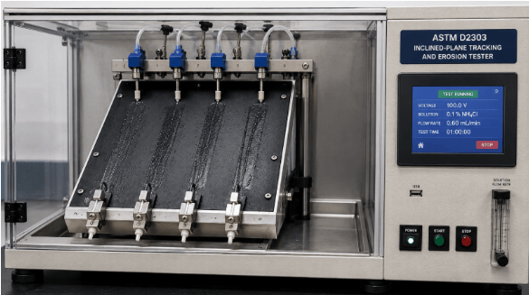 The image shows an ASTM D2303 inclined-plane tracking tester used to evaluate the tracking and erosion resistance of solid electrical insulating materials.